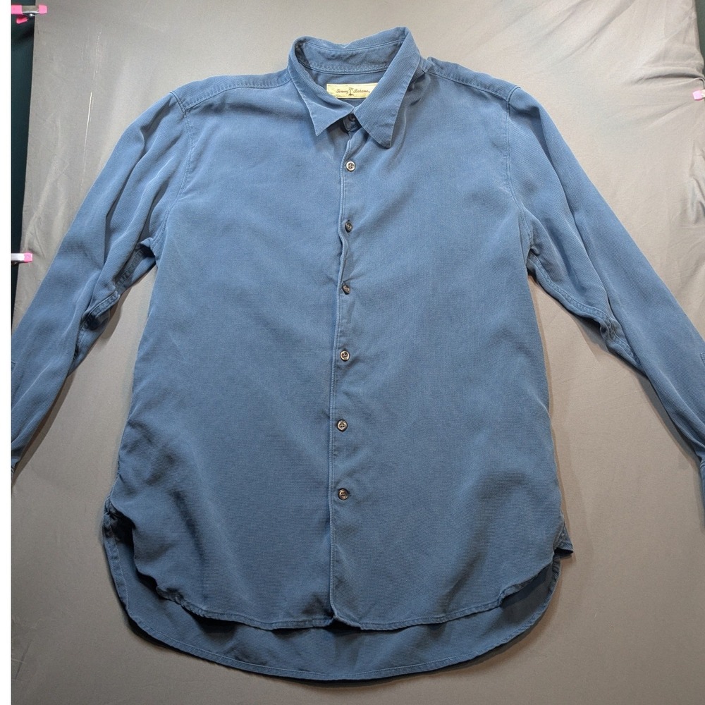 Tommy Bahama Mens Blue 100% Silk Waffle Texture Long Sleeve Button Down Shirt L